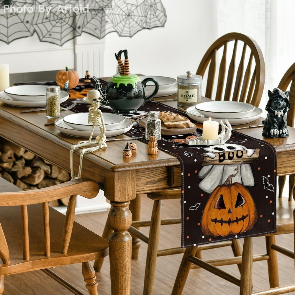 Artoid Mode Polka Dot Ghost Pumpkin 13" x 72", Table Runner, Black
