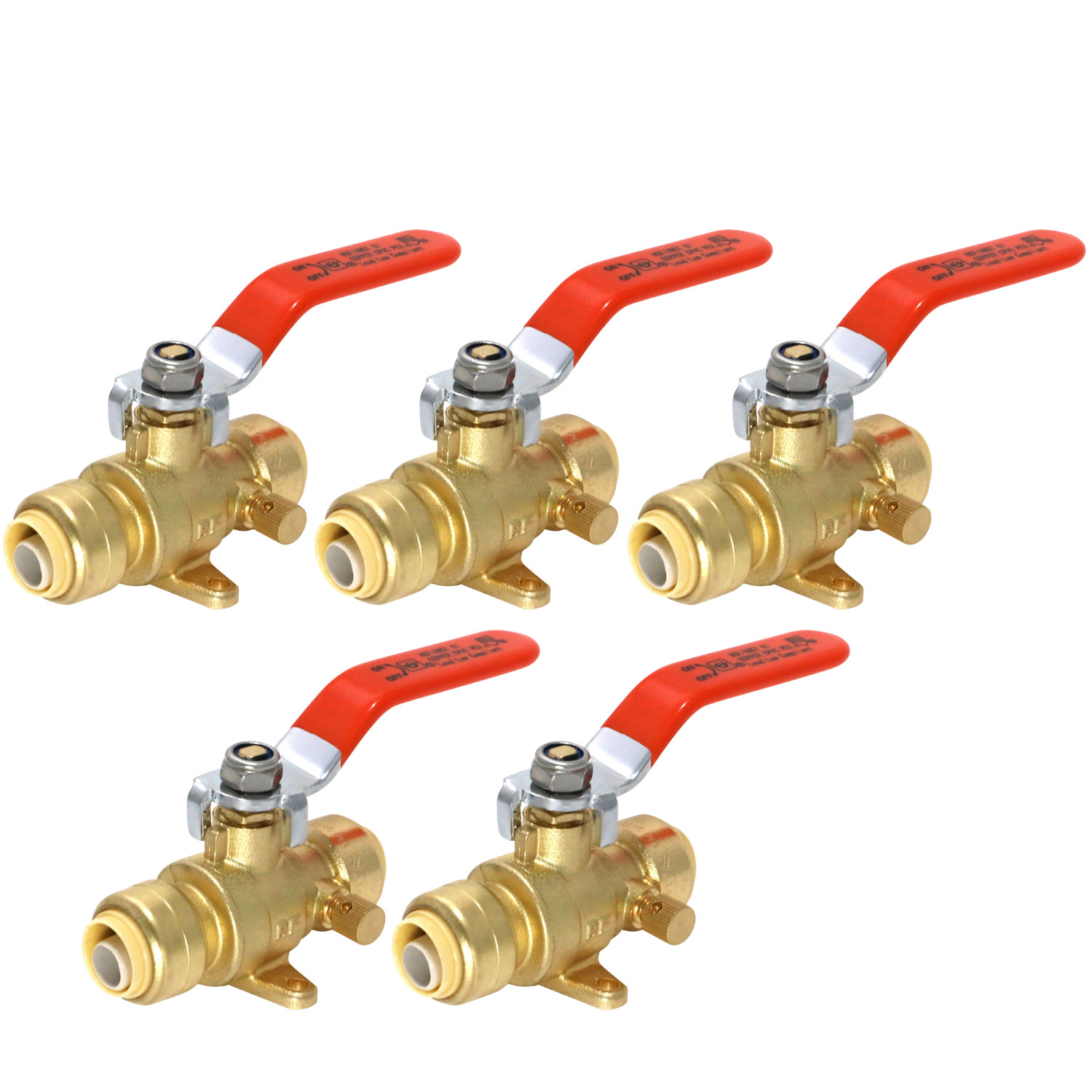 5 Pack XFITTING 1/2" Push Fit Ball Valve with Drain and Drop Ear, Lead Free