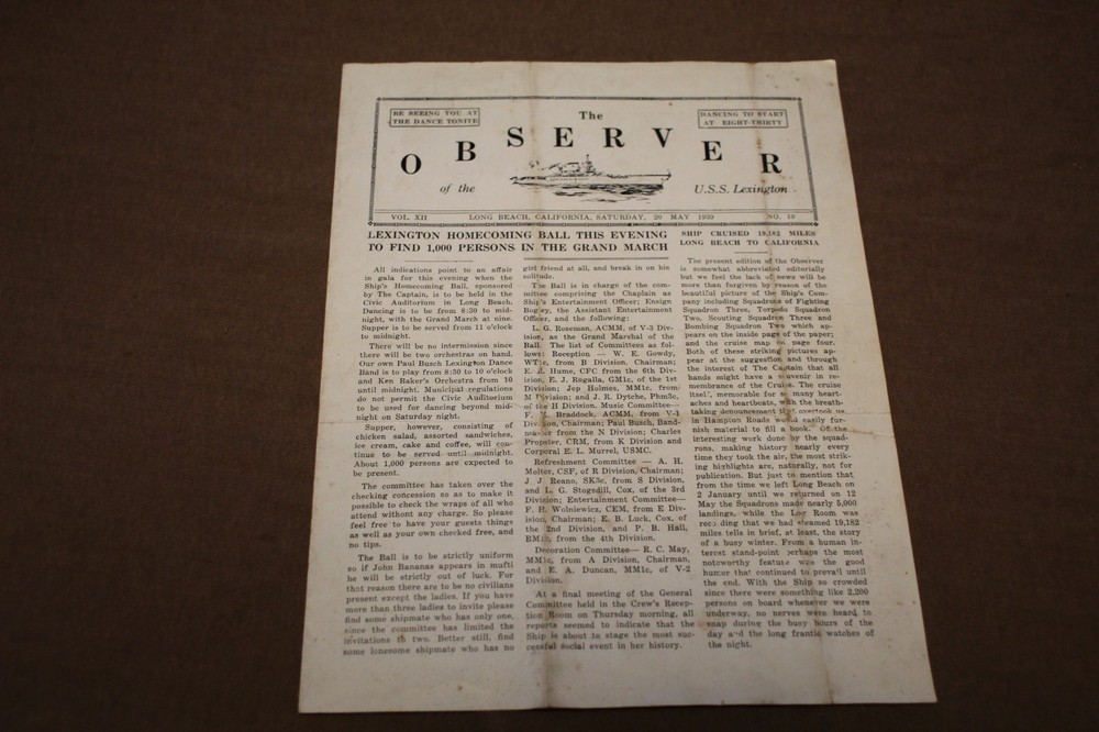Scarce Original Pre WW2 USN U.S.S. Lexington "The Observer" Newsletter, 1939 d.