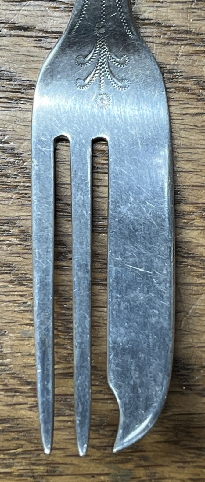 American Coin Silver Old Style 3 Tine Engraved Pickle Fork James Watts Phila