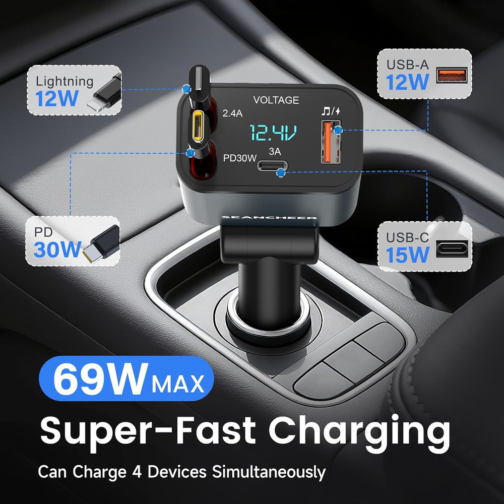 SEANCHEER Car Bluetooth Adapter & Car Charger USB C, 69W Cigarette Lighter Adapt