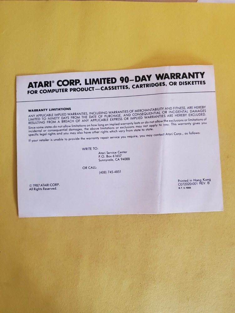 atari 90 day warranty insert