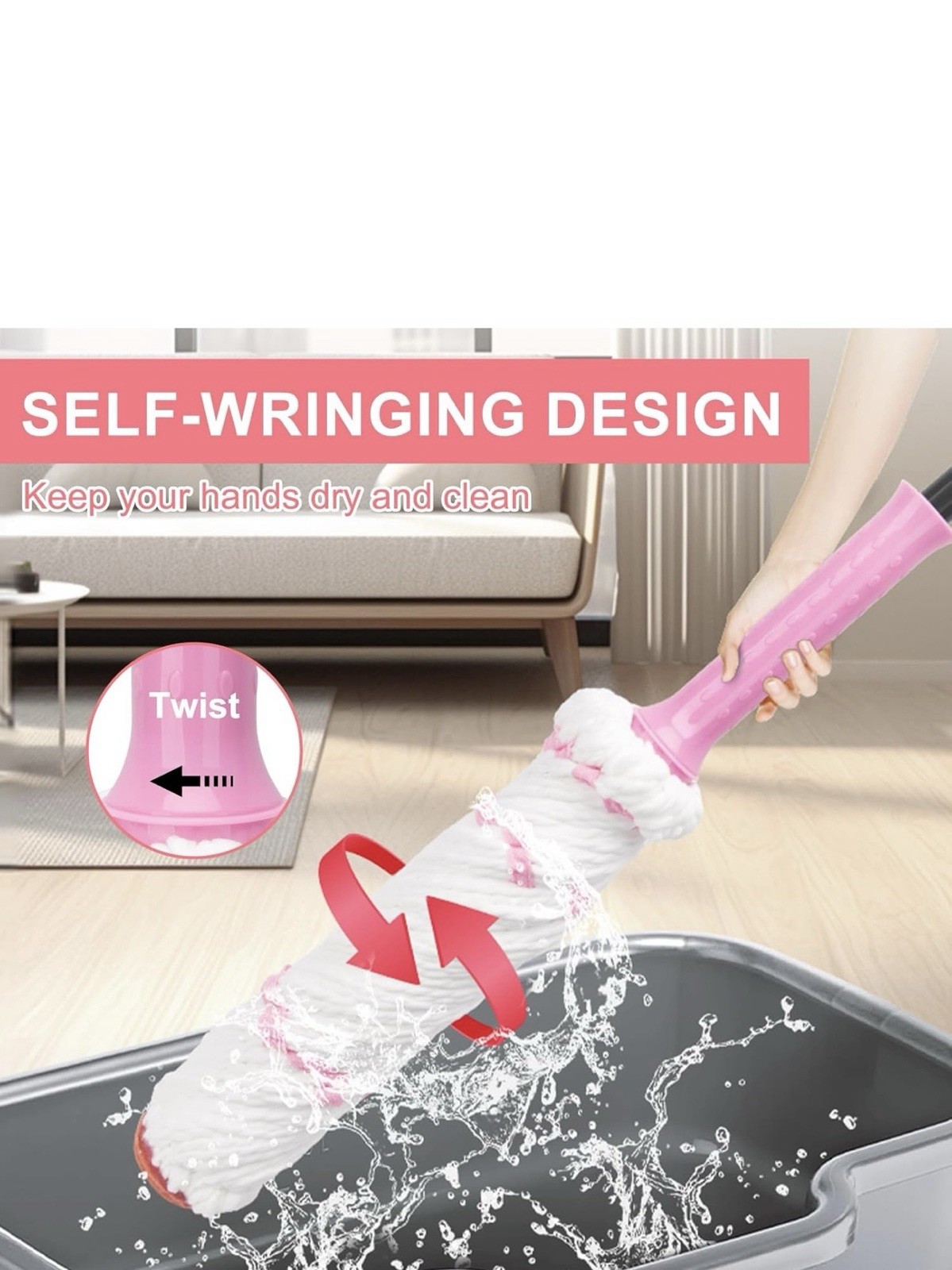 Self-Wringing Microfiber Round Wet Mop with Pink Handle, 57in