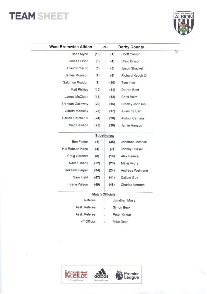 Team Sheet - West Brom v Derby County FAC 2016-17