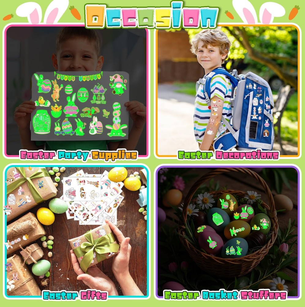 144Pcs Luminous Easter Temporary Tattoos, Egg Fillers Multicolor