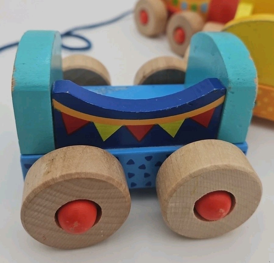 Goki Wooden Train Vintage With Pull String 3 Train Sections Red Yellow Blue 13"