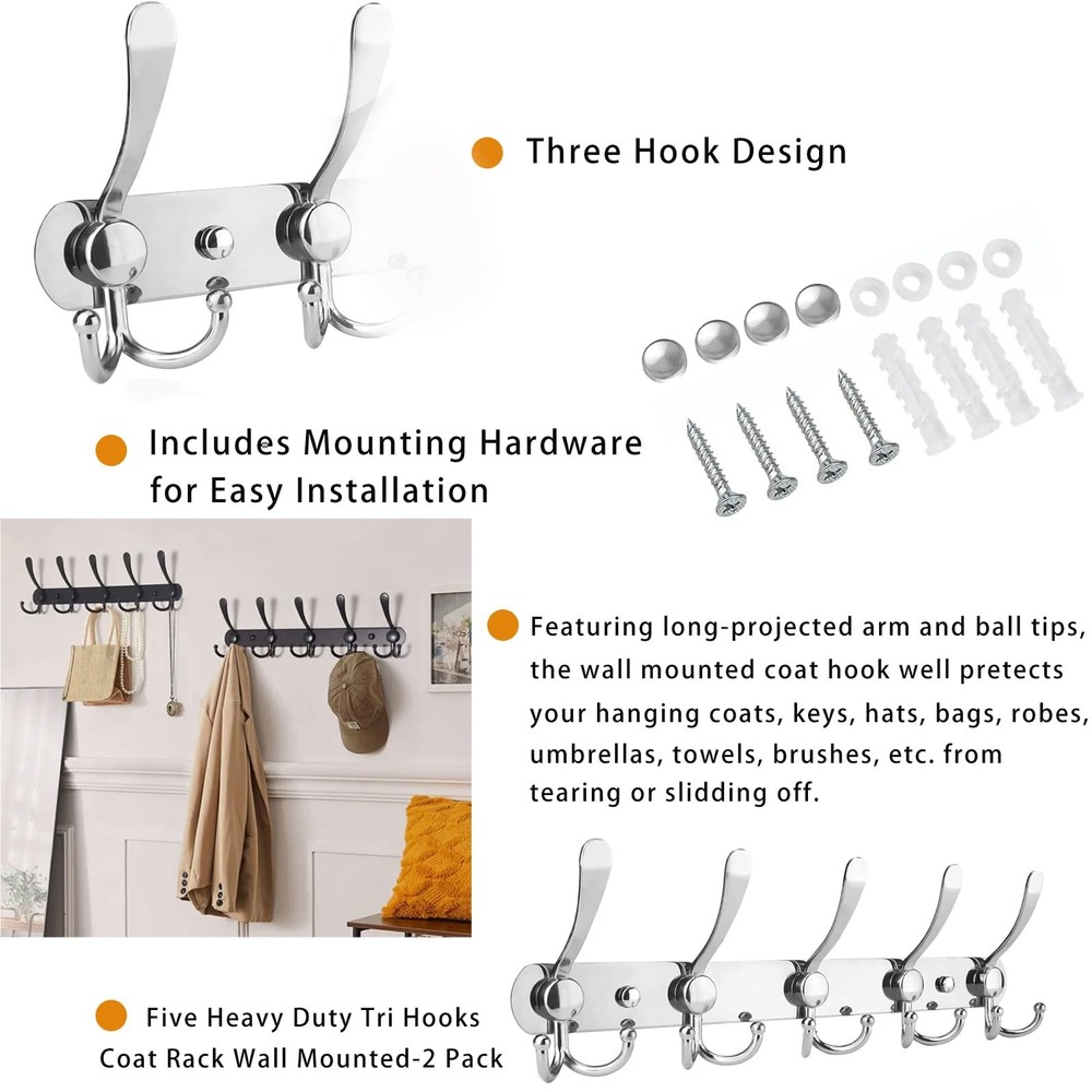 2-Pack Coat Rack Wall Mounted – Space-Saving Wall Clothes Rack, 5 Tri Hooks, ...