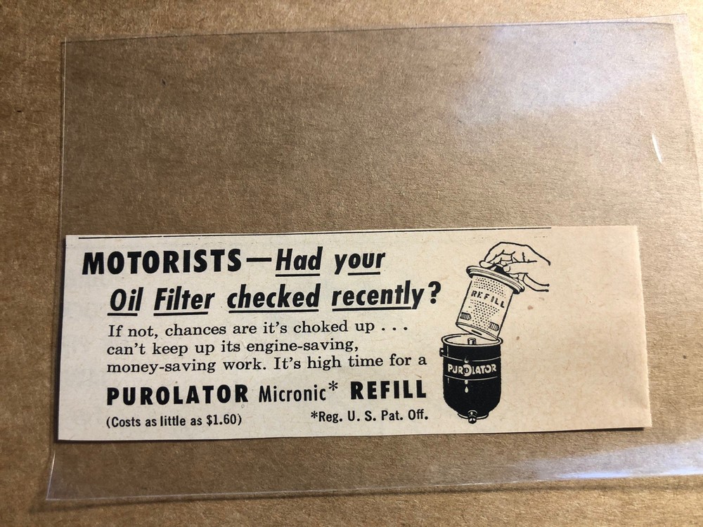 1900's Print Ad Purolator Micronic Refill SV1.