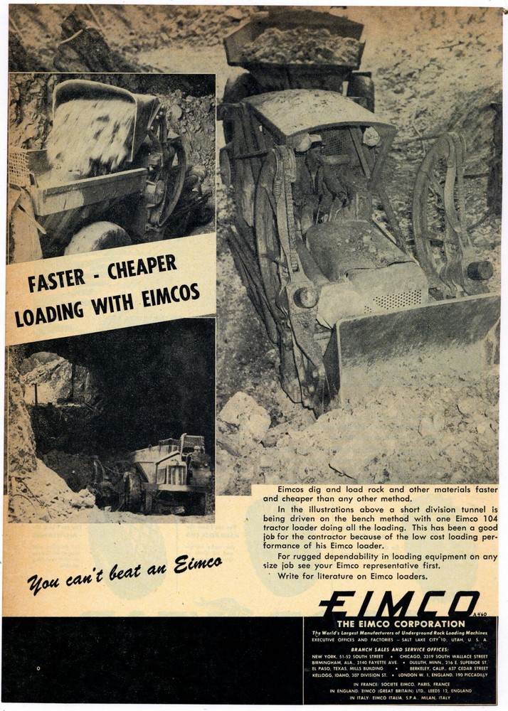 1963 EIMCO Ad: Faster - Cheaper - Loading with EIMCOs - Model 104 Tractor Loader