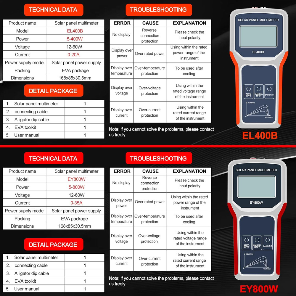 Smart MPPT Solar Panel Tester Multimeter - EL400B Power Meter Tool