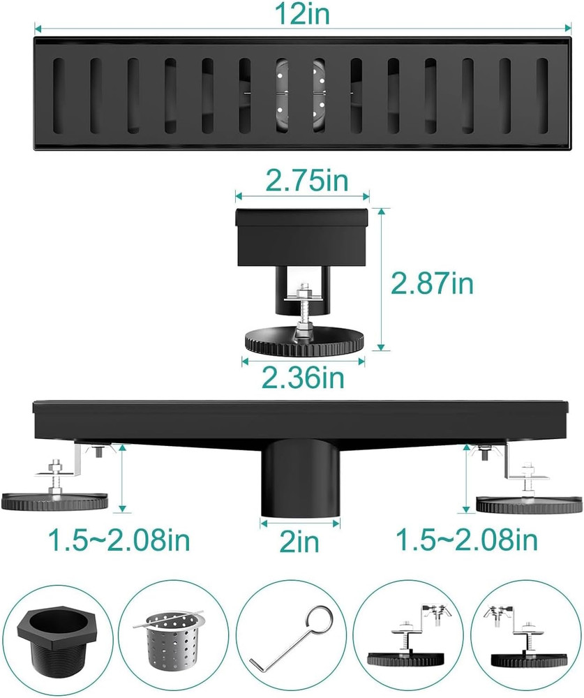 Black Linear Shower Drain 12 Inch with Removable Capsule Pattern Grate