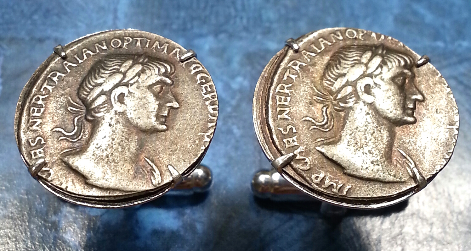 Ancient Roman Warrior Emperor Trajan Silver Tone Rome Coin Cufflinks + Gift Box!