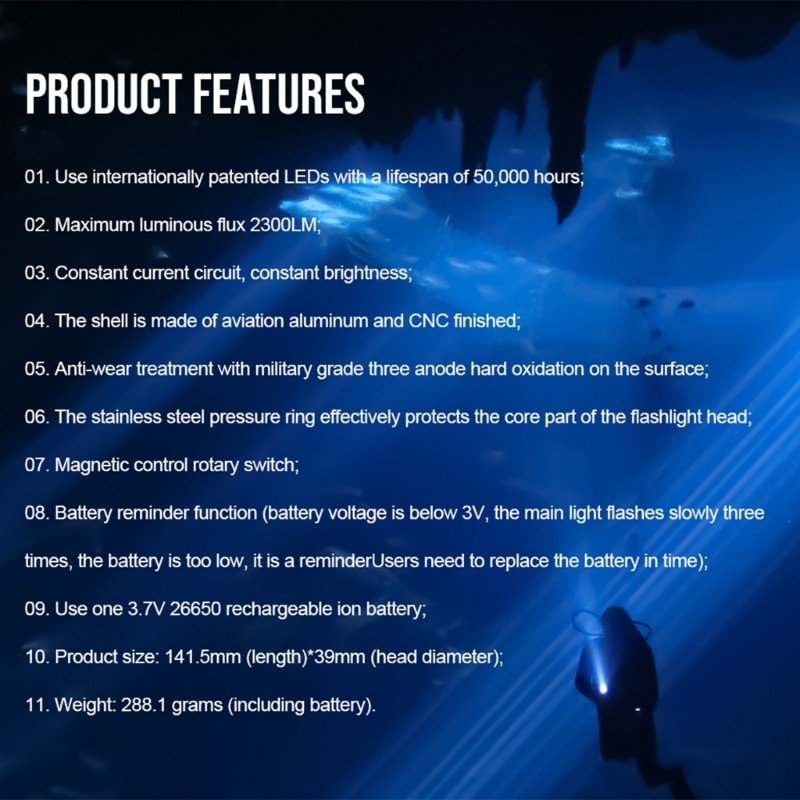 Professional Diving Flashlight Underwater Flashlight Dive Light Waterproof