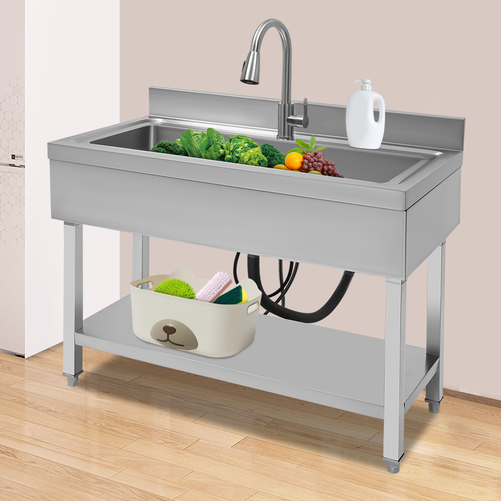 Stainless Steel Utility Sink with Faucet - Large Capacity & Adjustable Feet