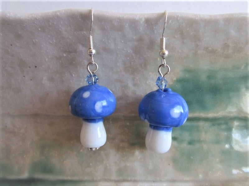 Handmade Lampwork Glass Mushroom Toadstool Earrings, Free U.S. Shipping!
