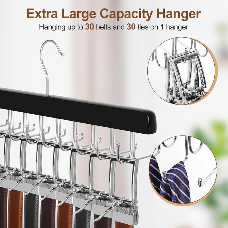 Belt & Tie Organizer Wood Multi Functional Hanger Storage Rack Foldable Hooks US