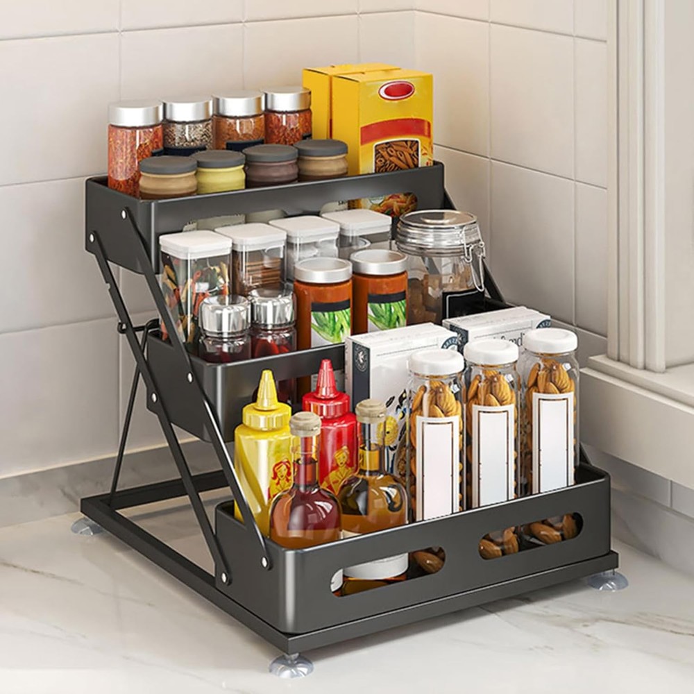 Three-Tier Foldable Spice Rack For cabinet use, black