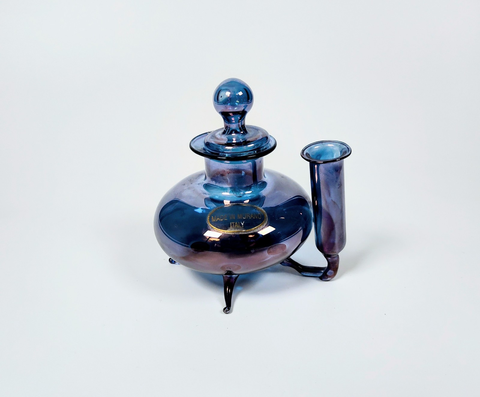 Rare 1960's Murano Glass Inkwell & Dip Pen Set – Cobalt Iridescent Signed Italy