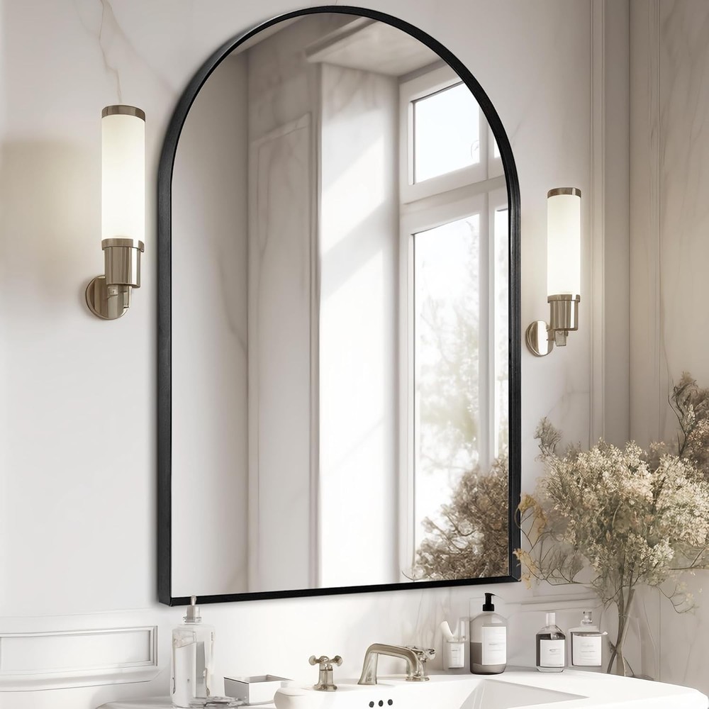 Wall Mount Mirror Bathroom Brush Black Metal Framed Rounded Corner Rectangular