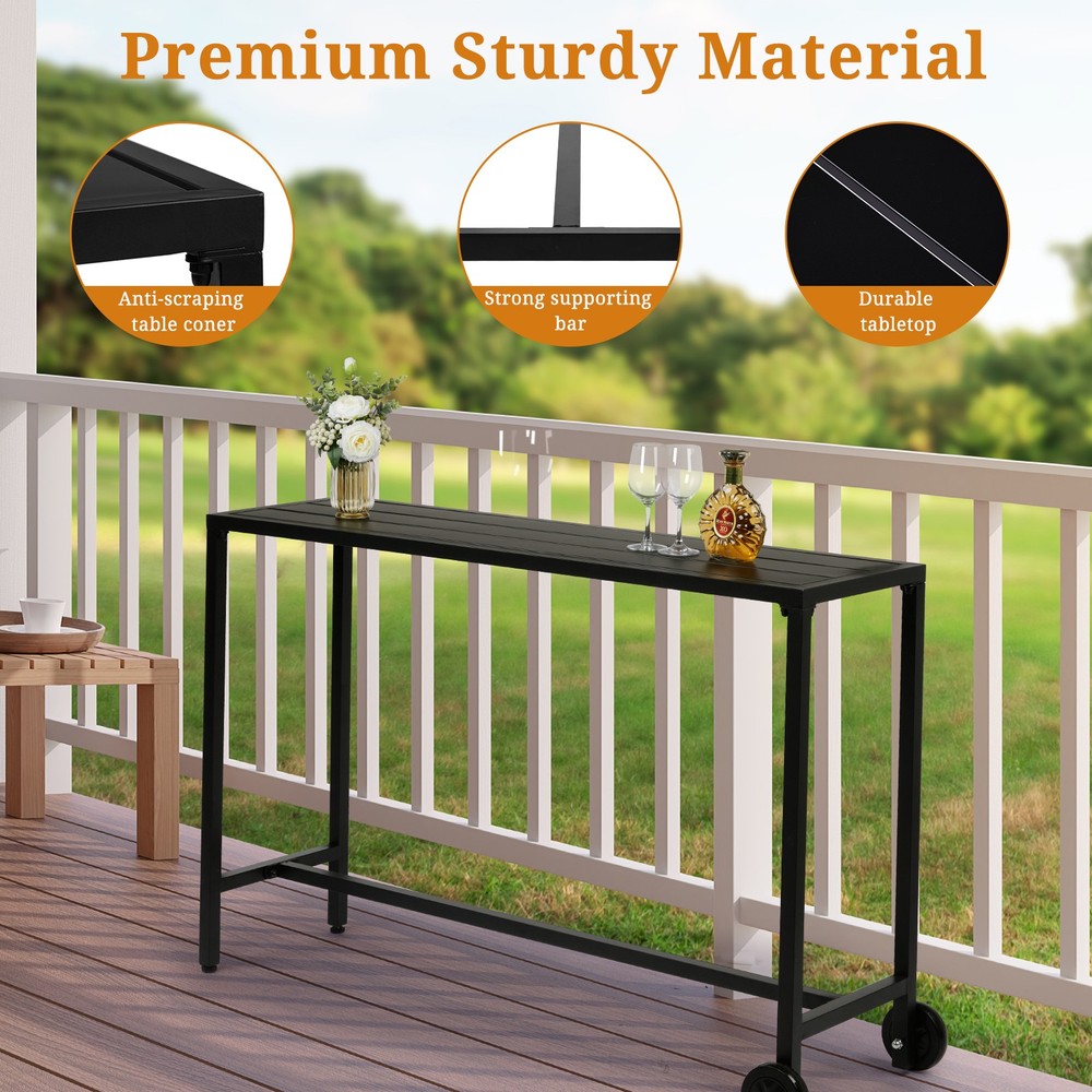 55" Outdoor Bar Table with Wheels, Rectangle Narrow Counter Height Table, Black