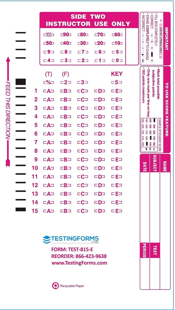 TEST-815E Double Sided 815 E 15 Question Compatible Testing Forms (500 Sheet ...