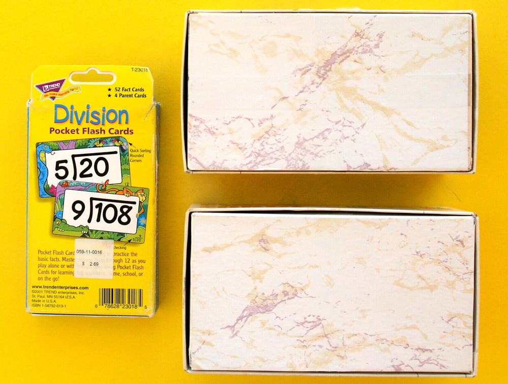 3 MATH FLASH CARDS—SUBTRACT + DIVISION—BASIC FACTS—COLORFUL—STORAGE BOXES