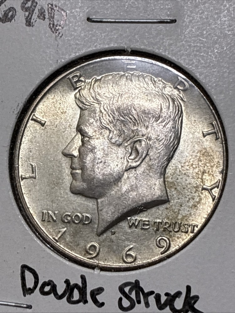 1969-D Kennedy Half Dollar 50c RARE Double Die Reverse Struck Through Error