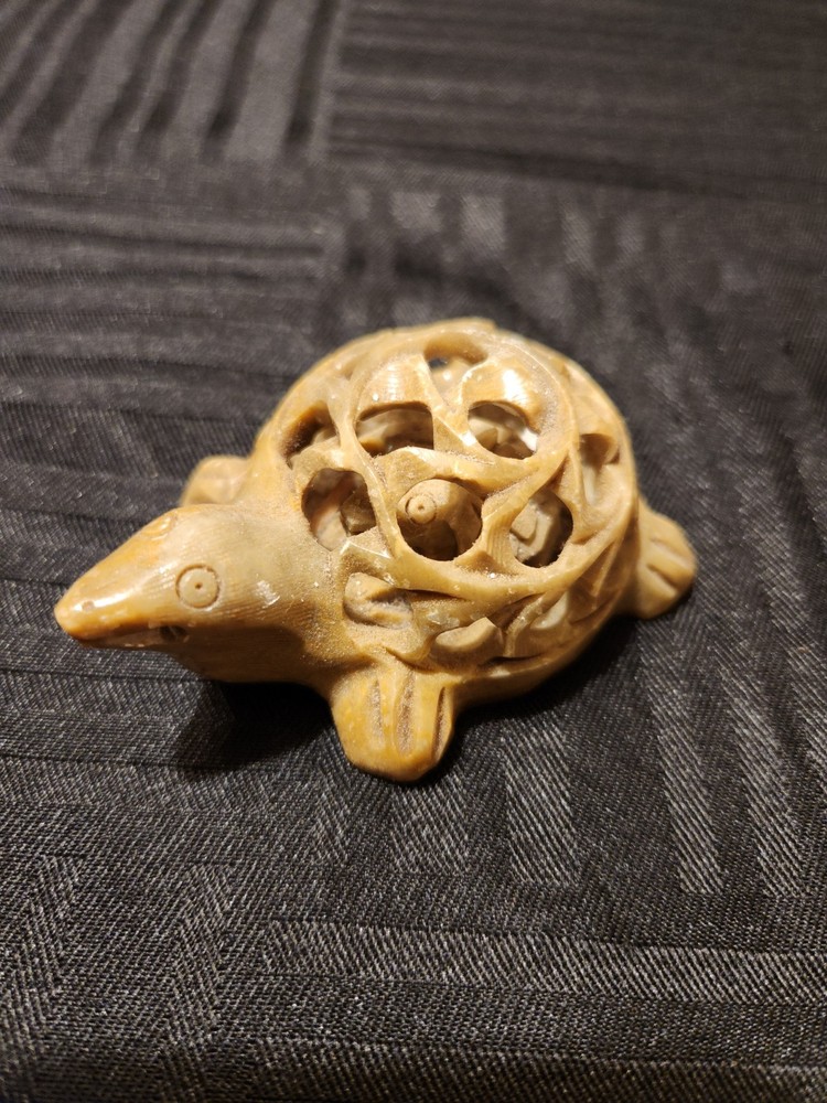 Hand Carved Stone Turtle Figurine Openwork Shell Turtle Inside Vintage Style