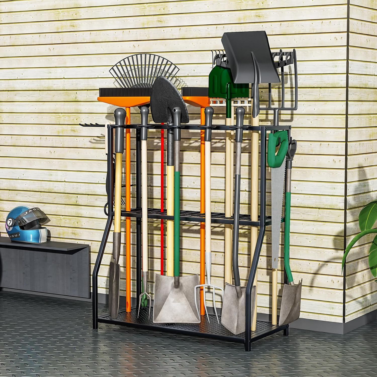 Yard Tool Storage Rack, Steel Organizer for Long-Handled Tools, Black