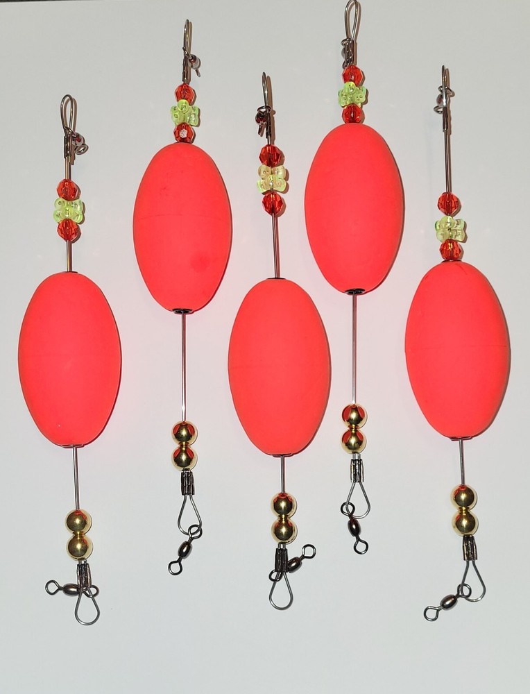 5 Popping Float Rigs, Red 2-1/2" Oval Float, Wire Leaders, 9 Inch Length