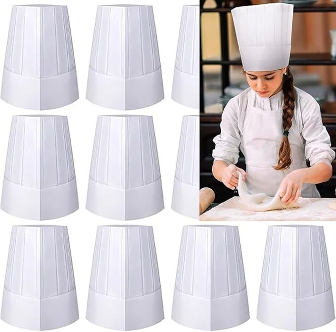 9-Inch Disposable White Paper Chef Hat Adjustable Toque 10-Pack