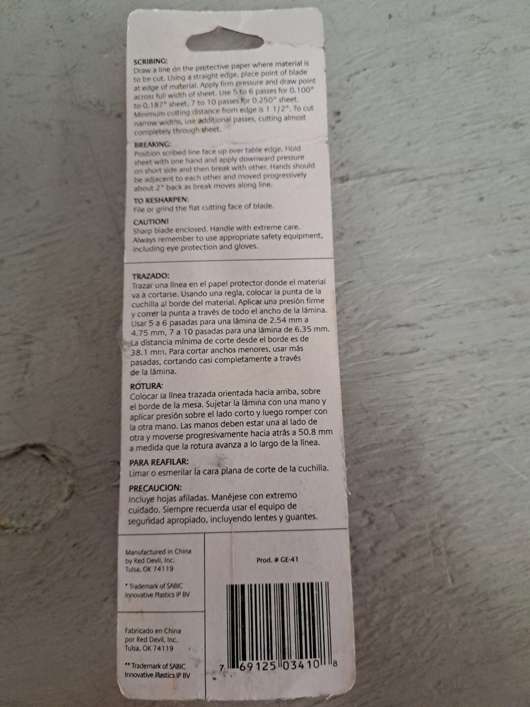 Cutter for Plastic Sheet & Other Material Double Bevel Scoring Edge New Sealed