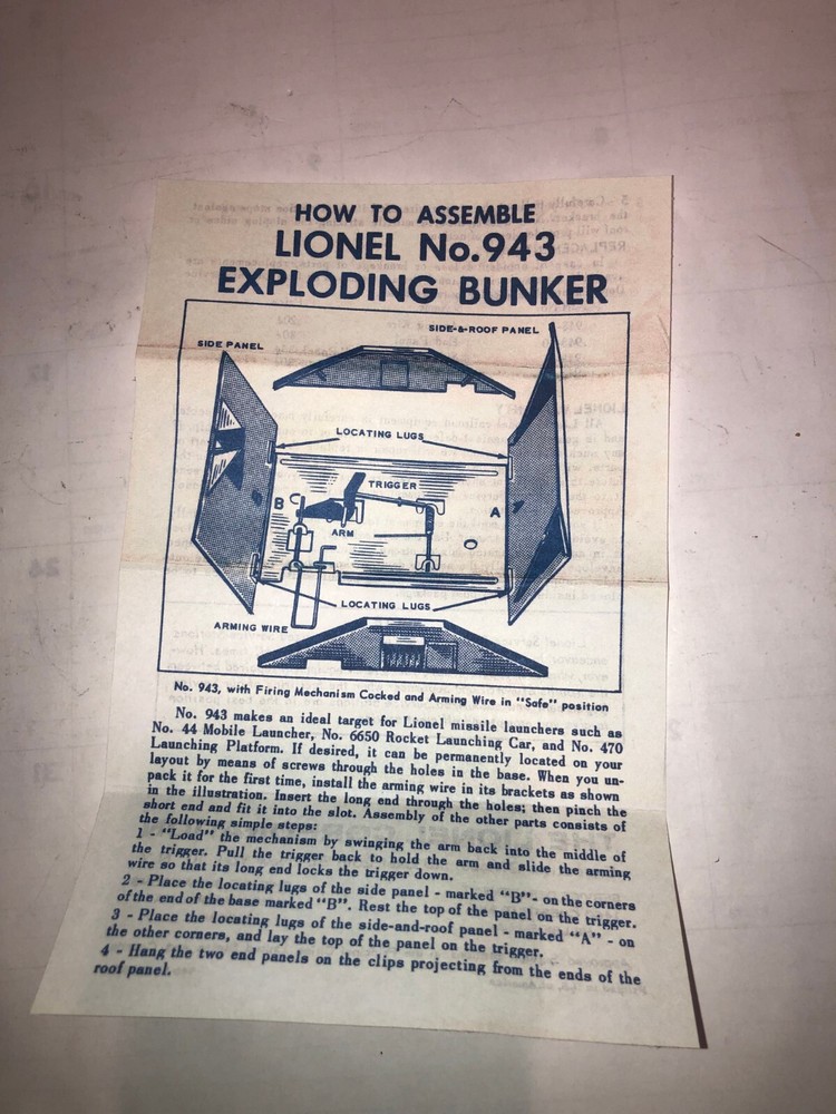 LIONEL ,,  943 , EXPLODING BUNKER INSTRUCTION SHEET , COLOR COPY