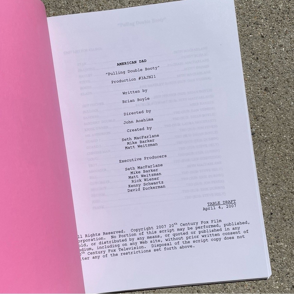 American Dad Original 2007 Production Table Draft Script Pulling Double Booty