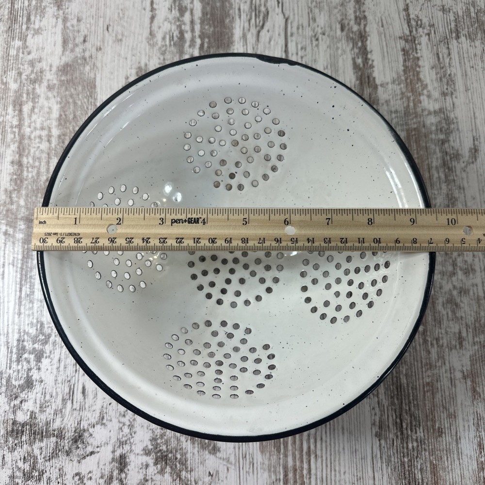 Vintage White Enamelware Colander Strainer 9.5”