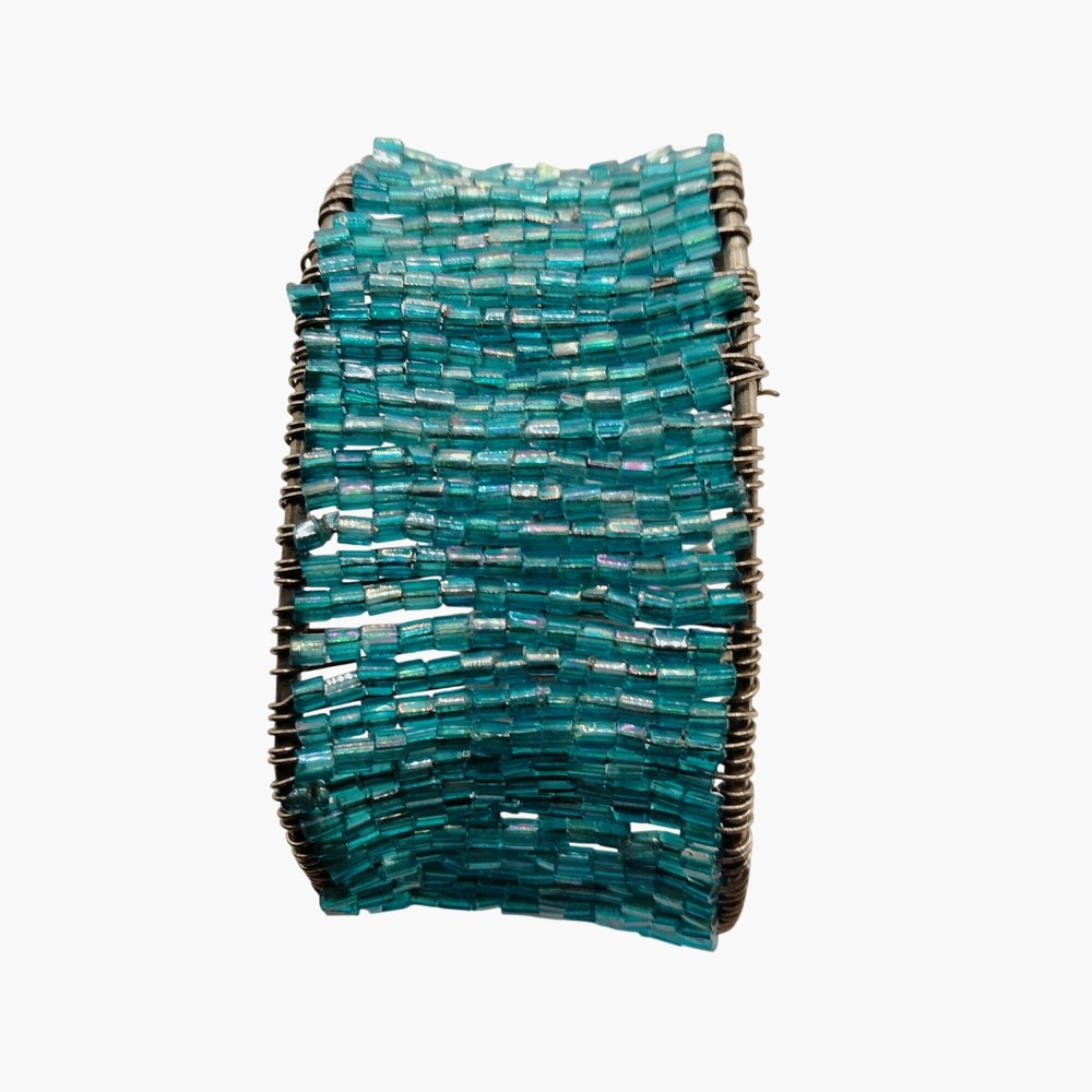 Beaded Cuff Bracelet Handcrafted Wire Wrapped Turquoise Adjustable Open Boho
