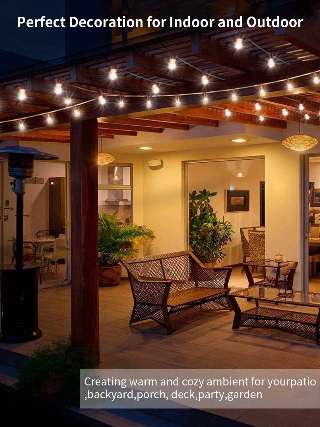 27ft Shatterproof LED String Lights IP65 Outdoor 10 Bulbs E26 Warm White for Gar