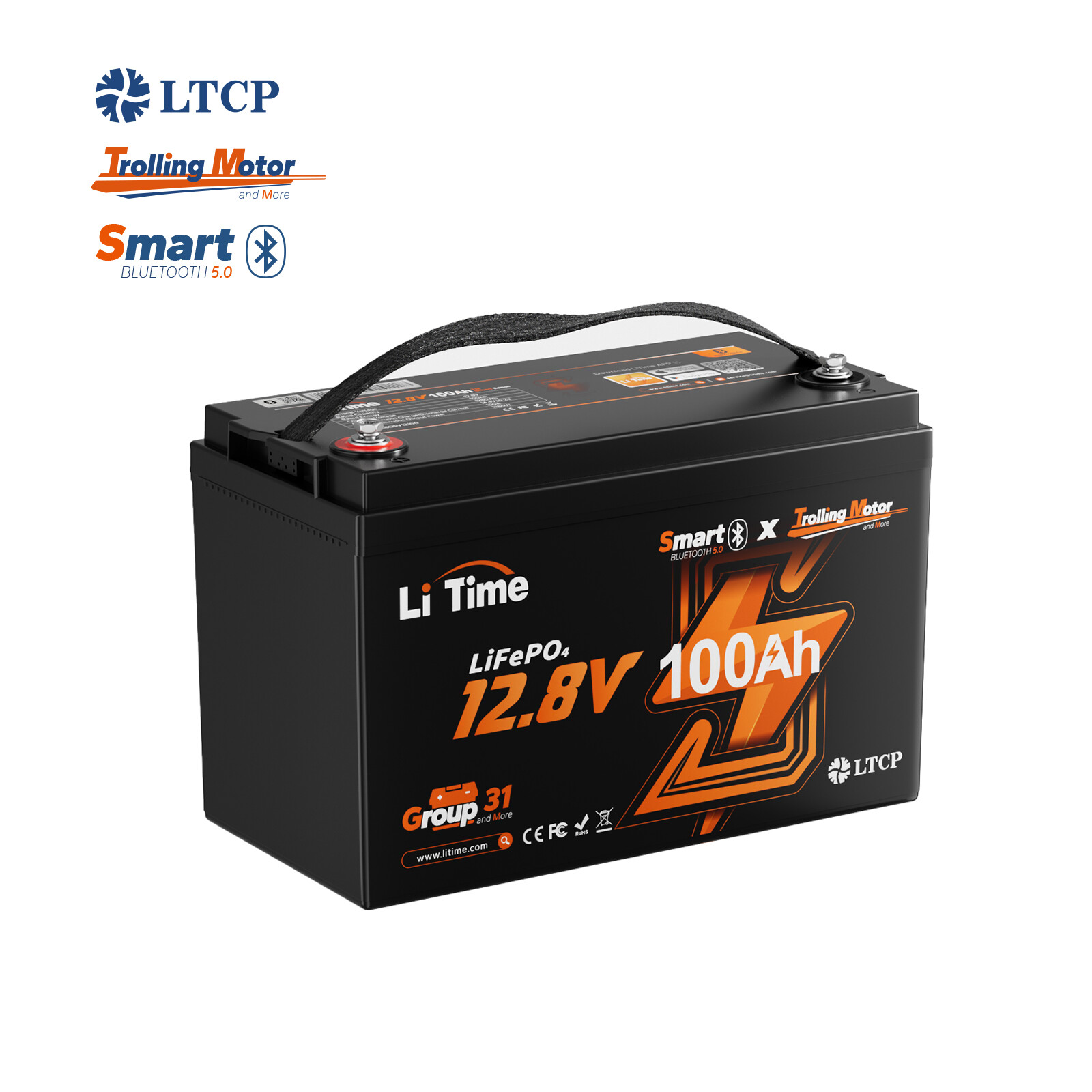 LiTime 12V 100Ah TM Smart Bluetooth LiFePO4 Lithium Battery For Trolling Motor