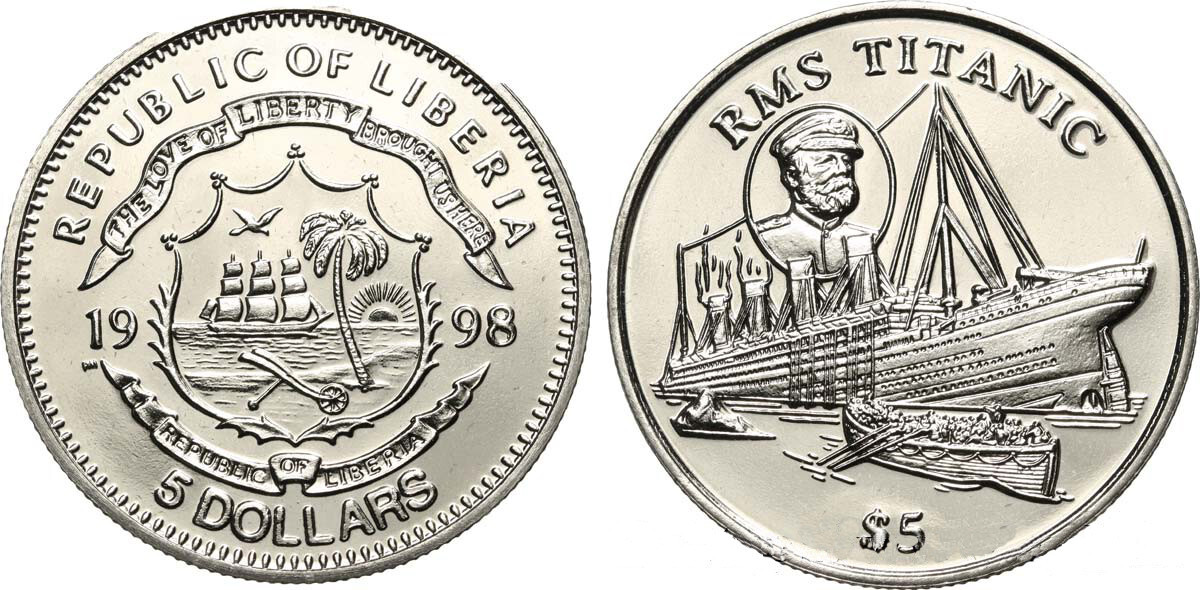RMS Titanic $5 Liberia Copper Nickel Coin dated 1998 - Uncirculated