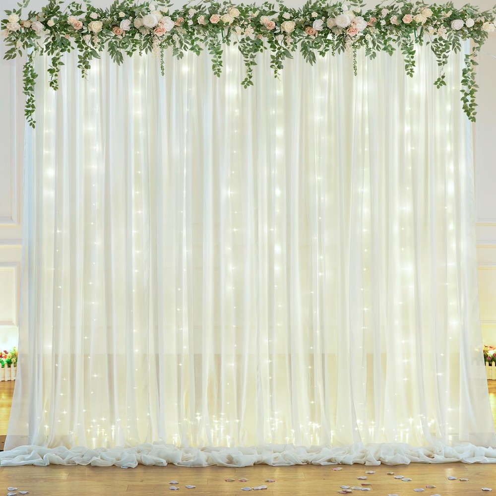 Ivory White Chiffon Backdrop Curtain 10x10 Ft With Lights String Wedding