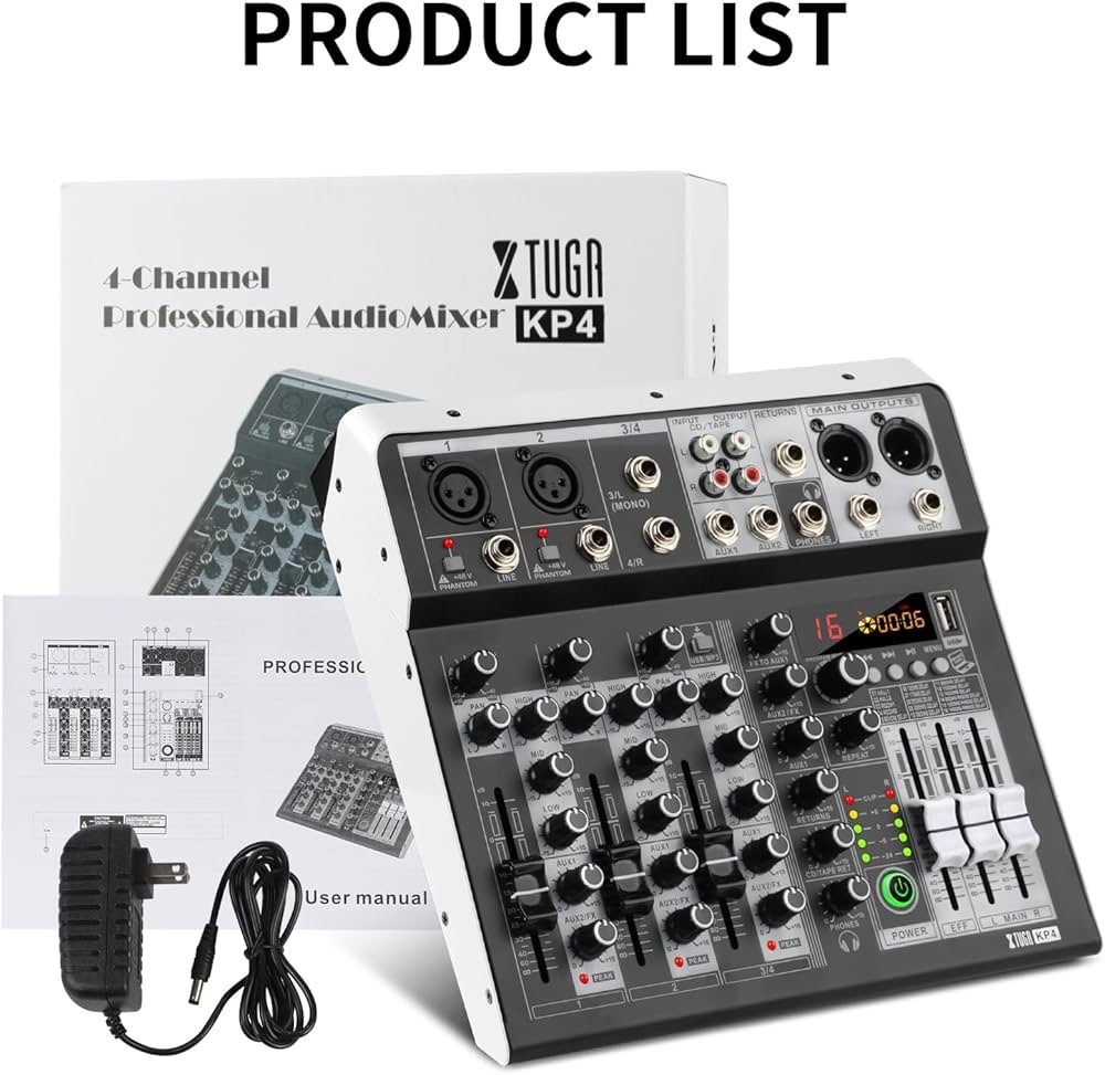 XTUGA KP4 4 Channel Audio Mixer, 16-Bit DSP Effect USB Audio Interface Effects