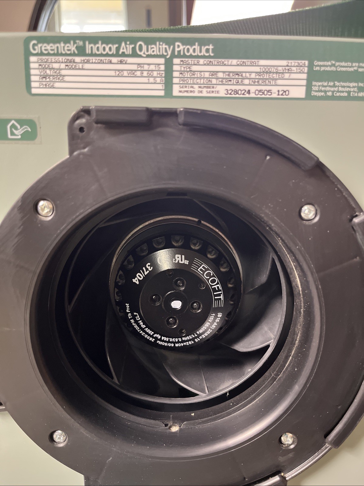 Professional Heat Recovery Ventilator Ducted Greentek Horizontal PH7.15 New HVI