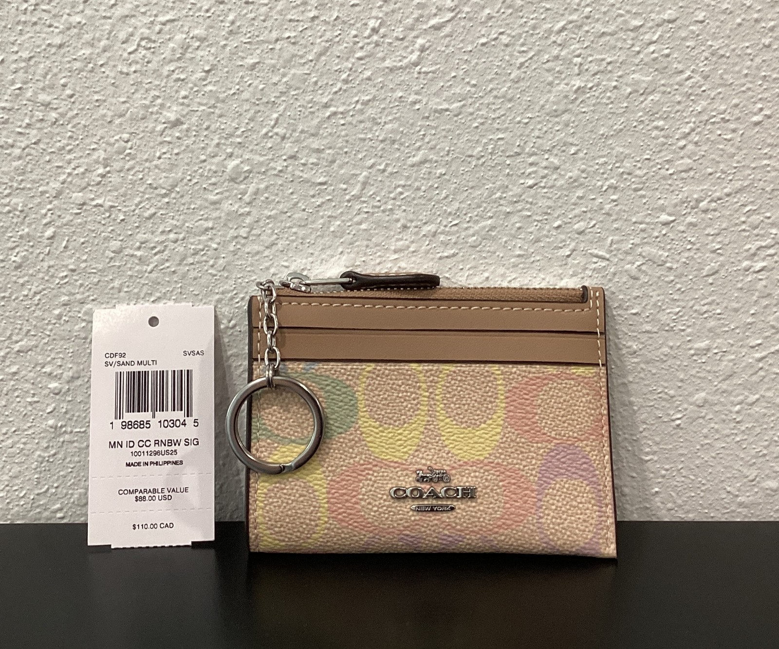 Coach Mini Skinny ID Case Rainbow Signature Canvas Silver CDF92 4.25"x3"x0.5"