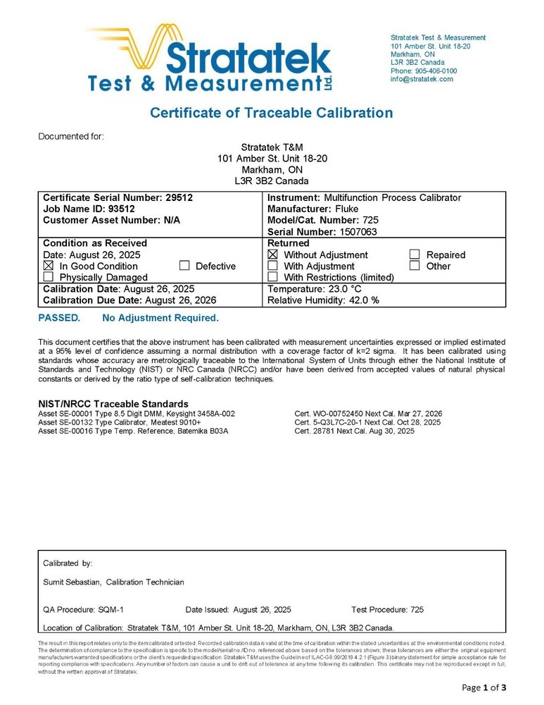 Fluke 725 Multifunction Process Calibrator - NIST Calibrated with Data