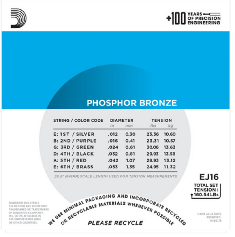 D'Addario EJ16 12-53 Light Phosphor Bronze Acoustic Guitar Strings
