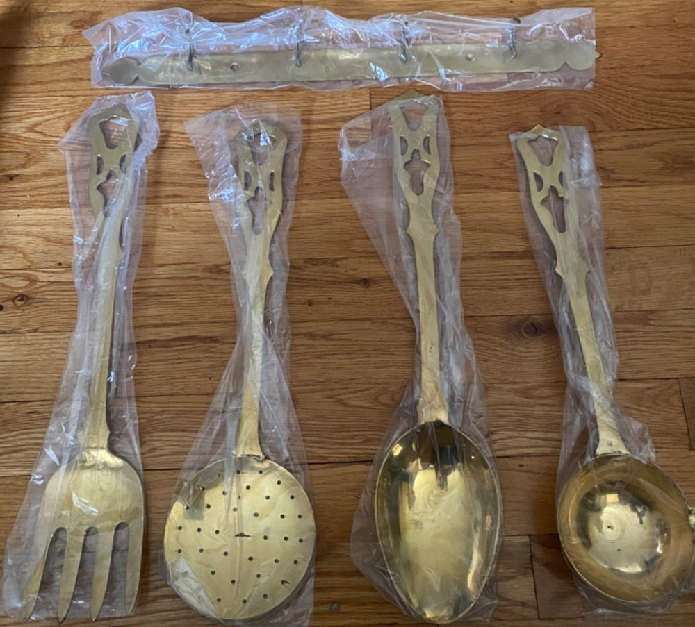 5 Piece Solid Vintage Brass Handcrafted Kitchenware Set - 18" Tall- New w/Box