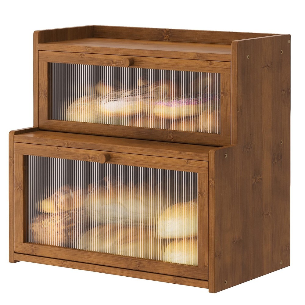 Double Layer Bamboo Bread Box for Kitchen Counter,Bread Holder,Countertop Bre...