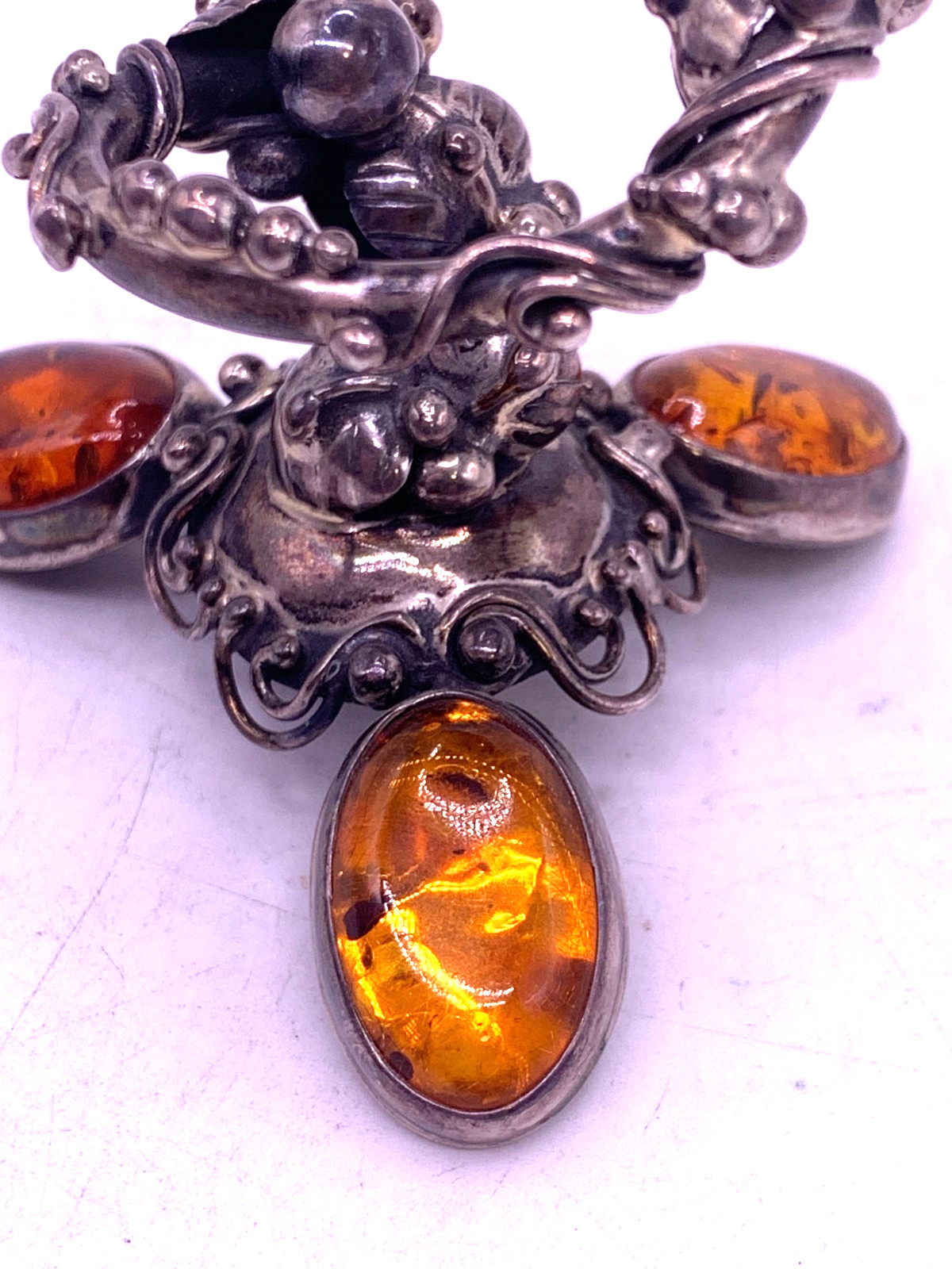 Rare Sterling Silver Candle stick Holder with Baltic Amber Cabochons 88g Poland