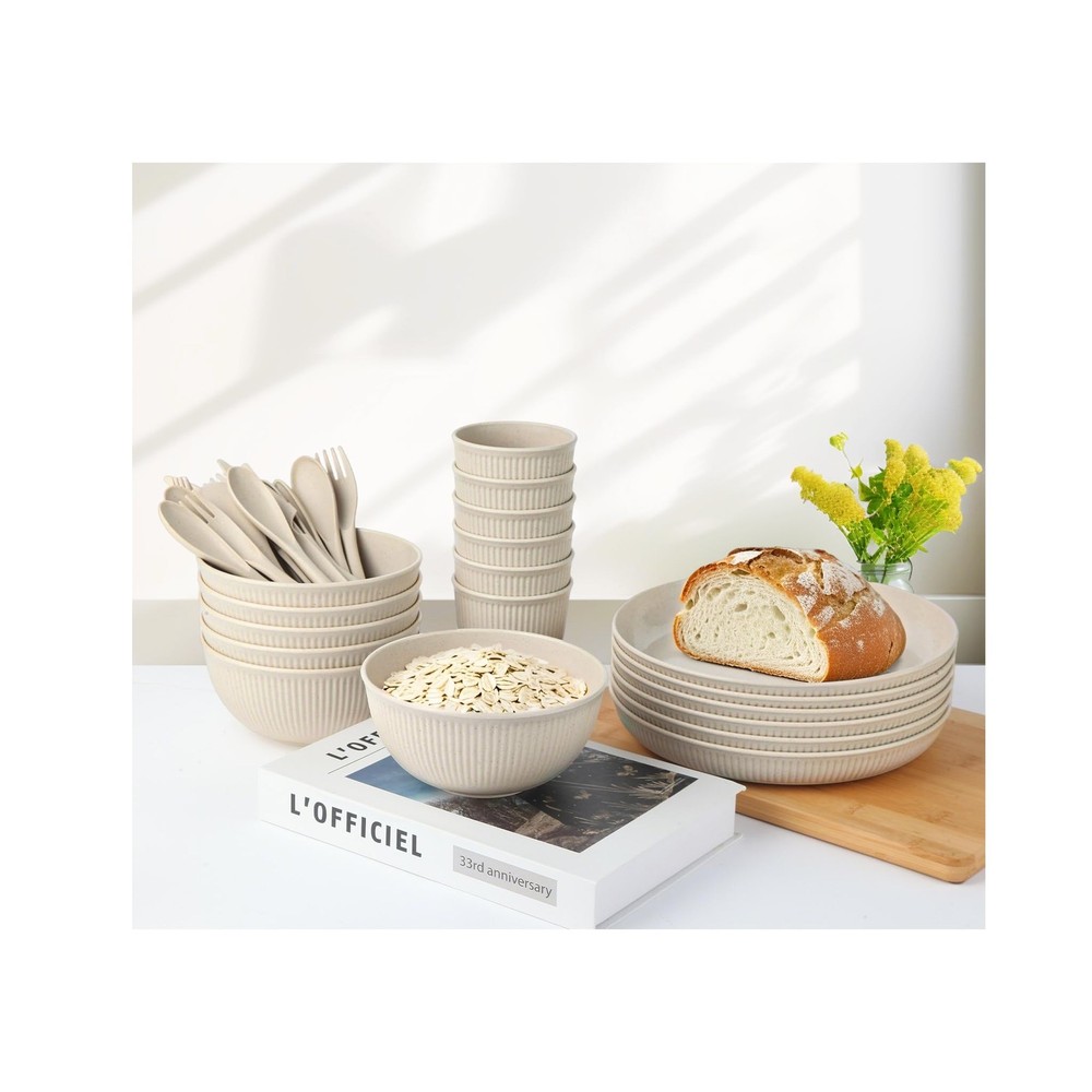 36-Piece Reusable Wheat Straw Dinnerware Sets Dinnerware, Beige