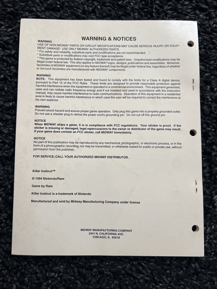 (ORIGINAL MANUAL ) KILLER INSTICT JAMMA PCB ARCADE